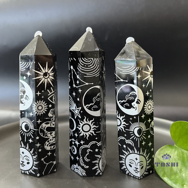 Natural Printed Moon Sun Obsidian Point Crystal Point Tower Wand Obelisk Point Reiki Healing