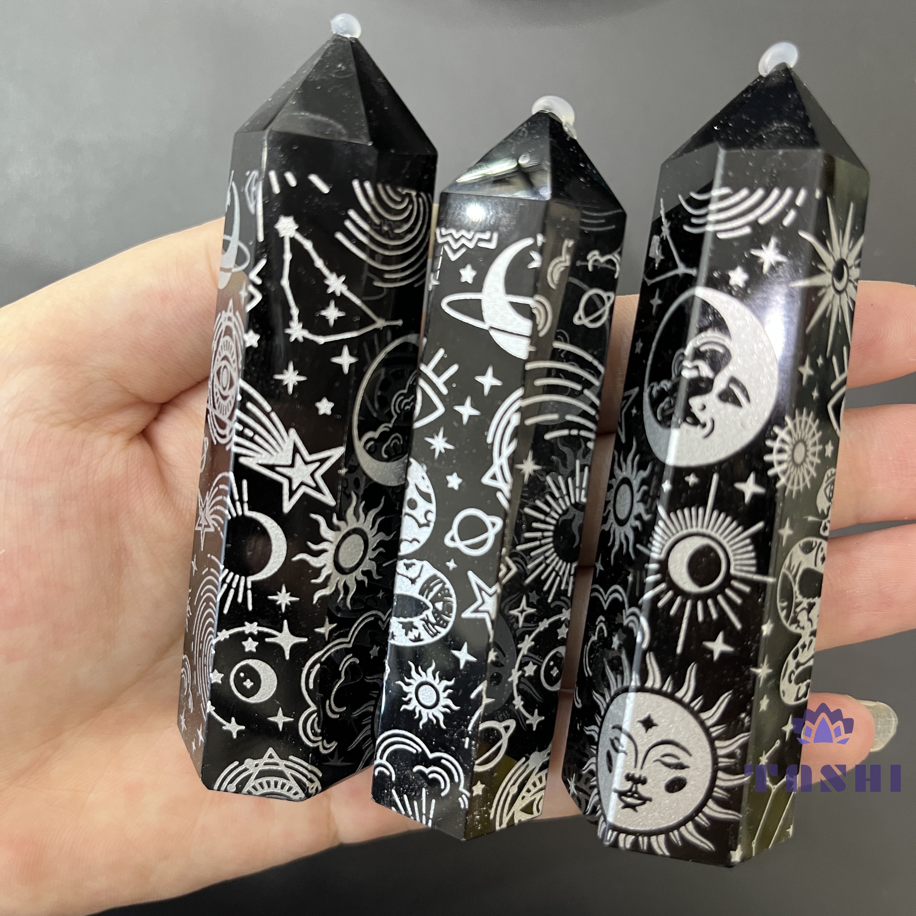Natural Printed Moon Sun Obsidian Point Crystal Point Tower Wand Obelisk Point Reiki Healing