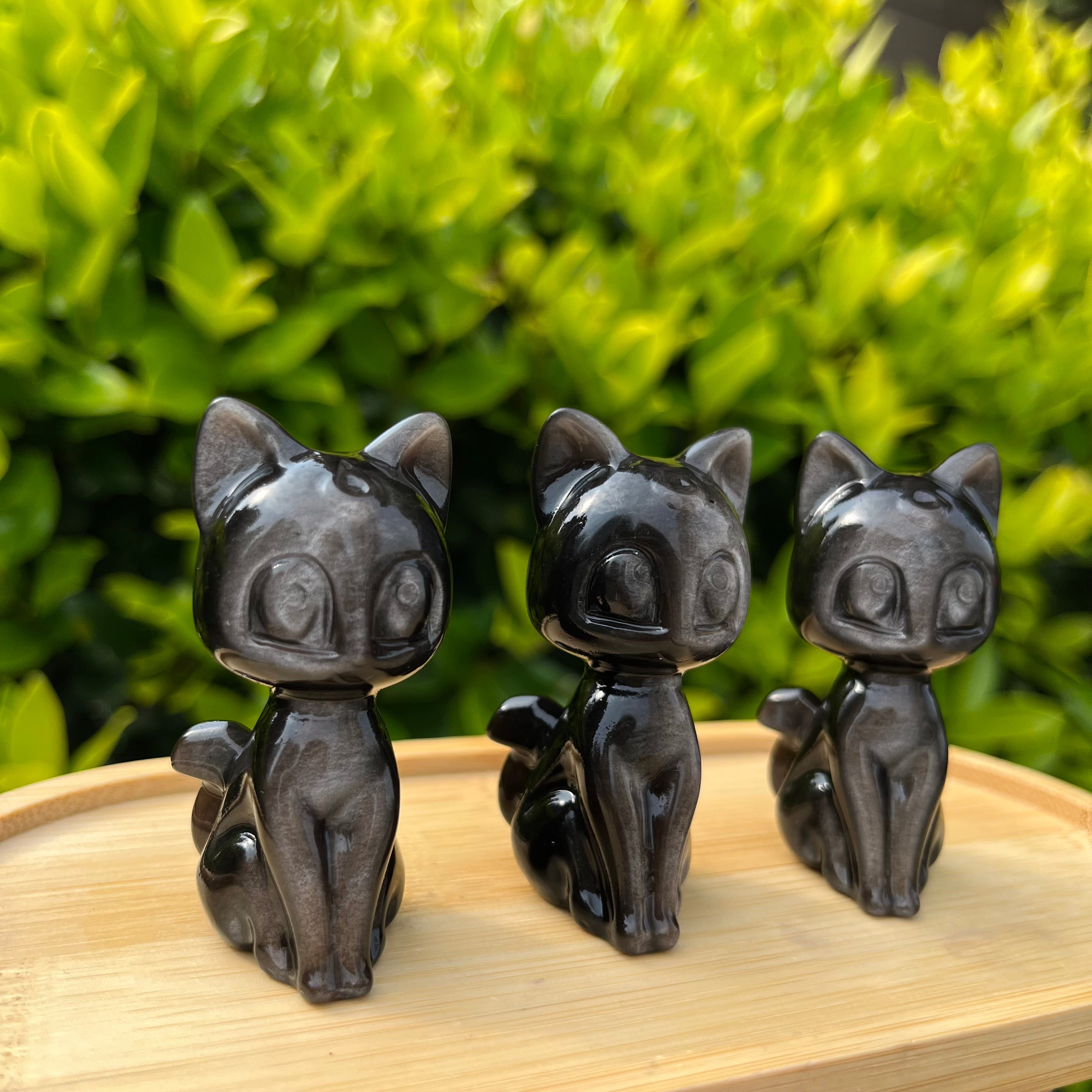 6CM Silver Sheen Obsidian Luna Cat Natural Crystal Carving