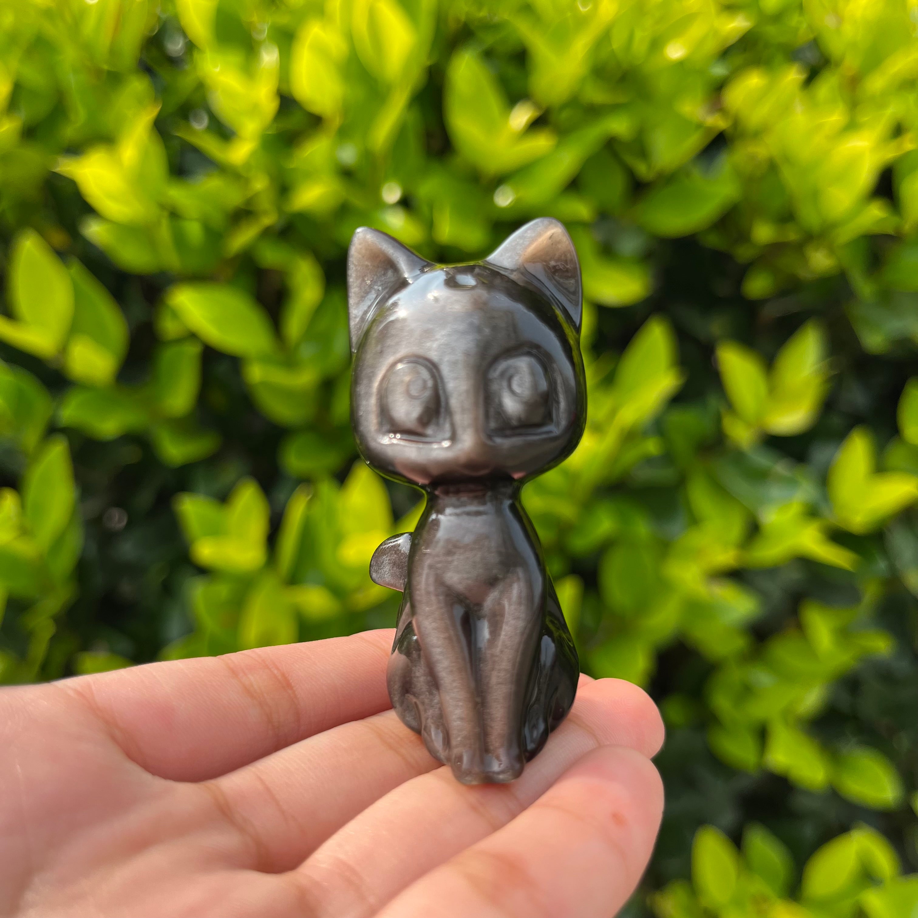 6CM Silver Sheen Obsidian Luna Cat Natural Crystal Carving