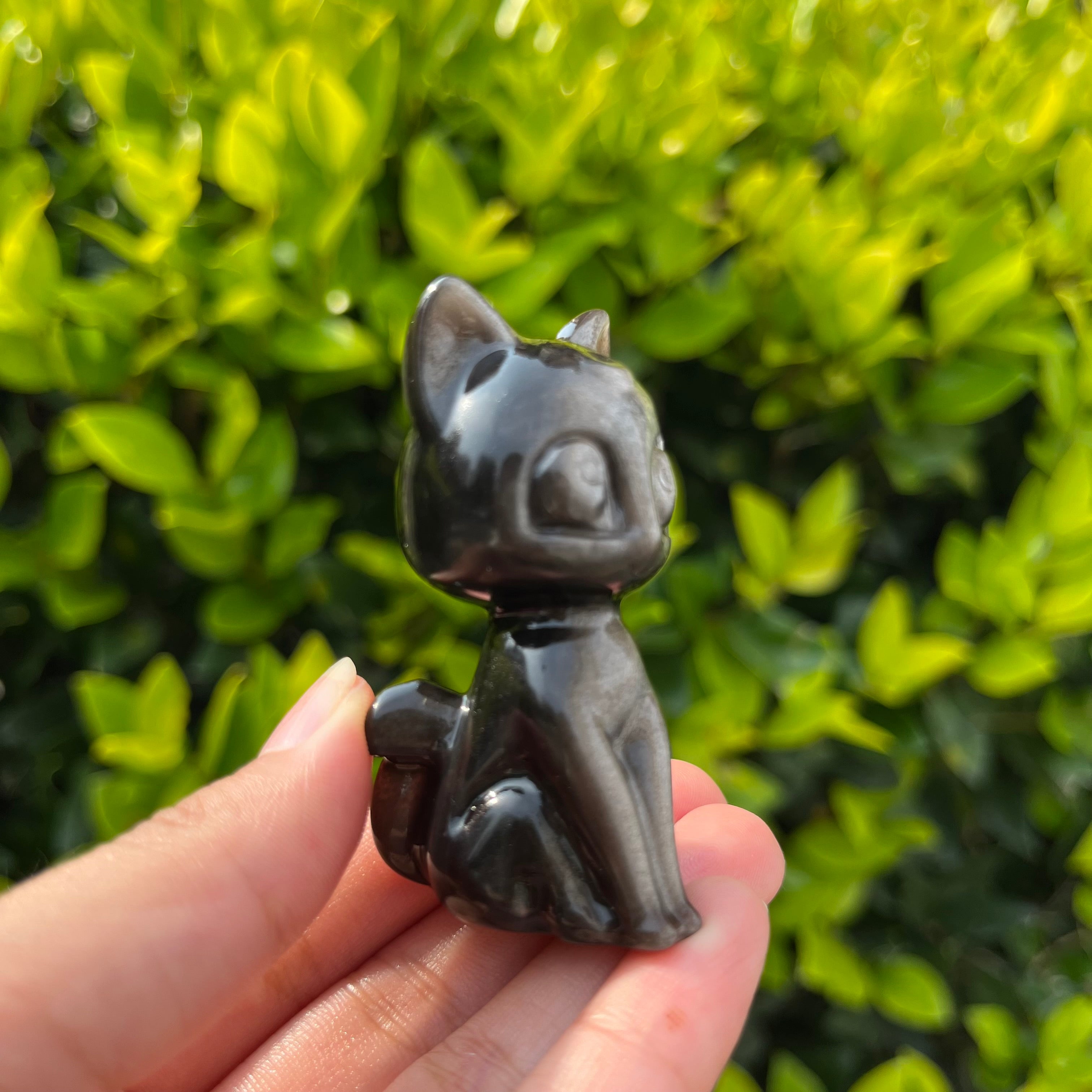 6CM Silver Sheen Obsidian Luna Cat Natural Crystal Carving