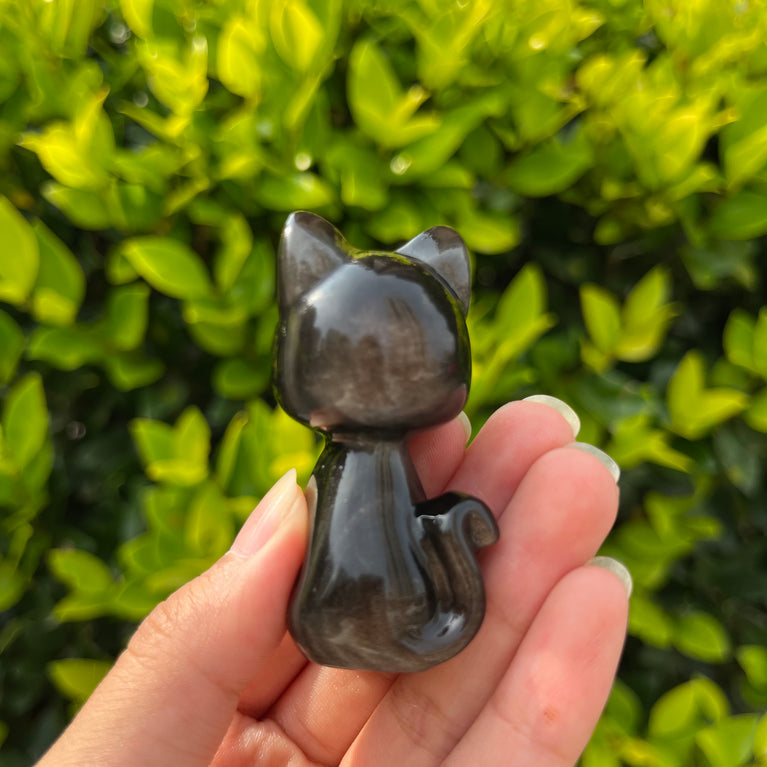 6CM Silver Sheen Obsidian Luna Cat  Natural Crystal Carving