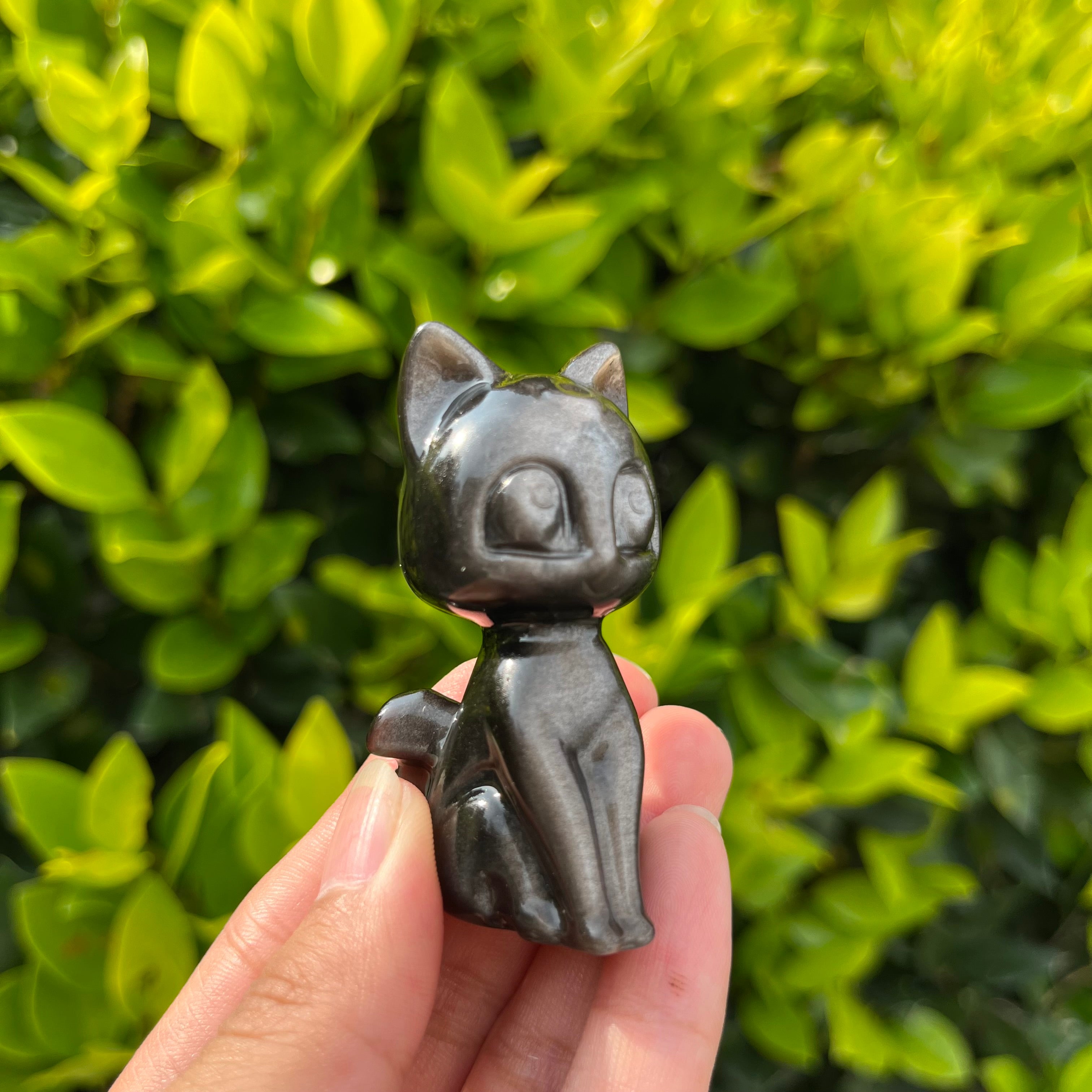 6CM Silver Sheen Obsidian Luna Cat Natural Crystal Carving
