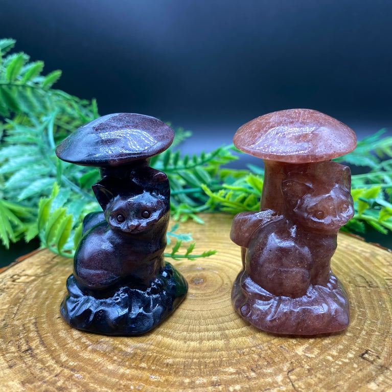 6CM Cat Sitting under Mushroom Carving Natural Crystal Statue