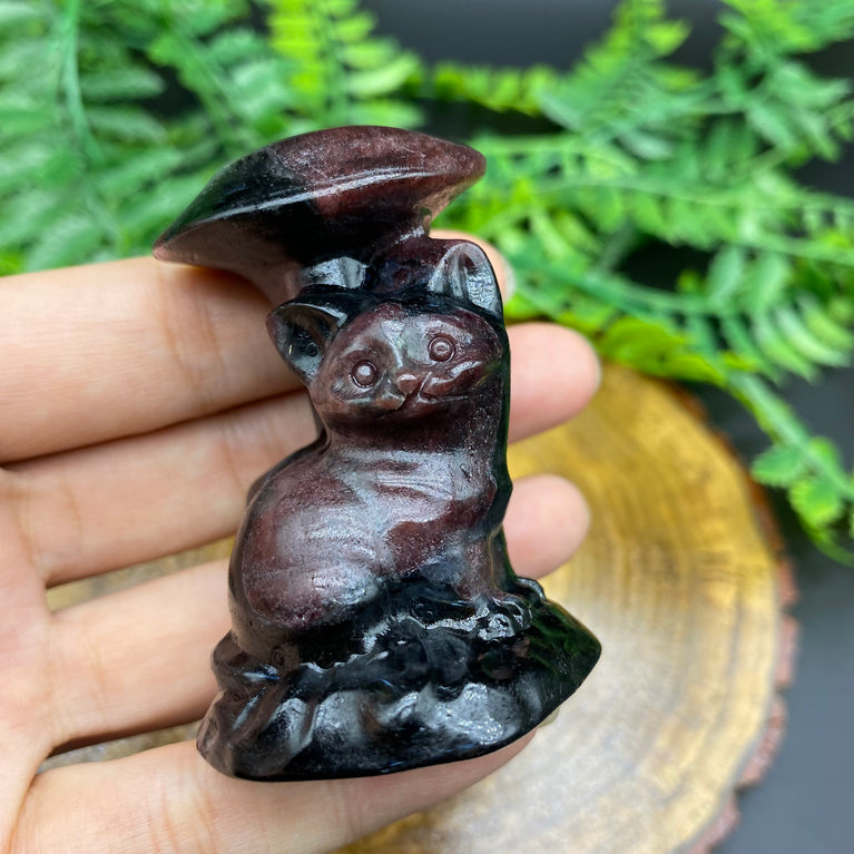 6CM Cat Sitting under Mushroom Carving Natural Crystal Statue