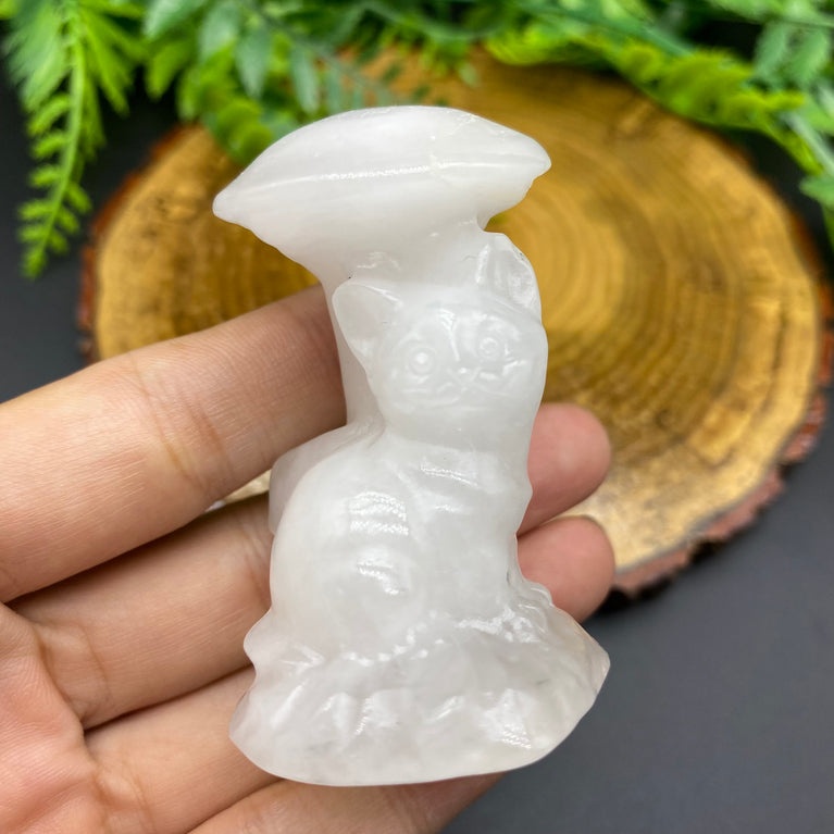 6CM Cat Sitting under Mushroom Carving Natural Crystal Statue