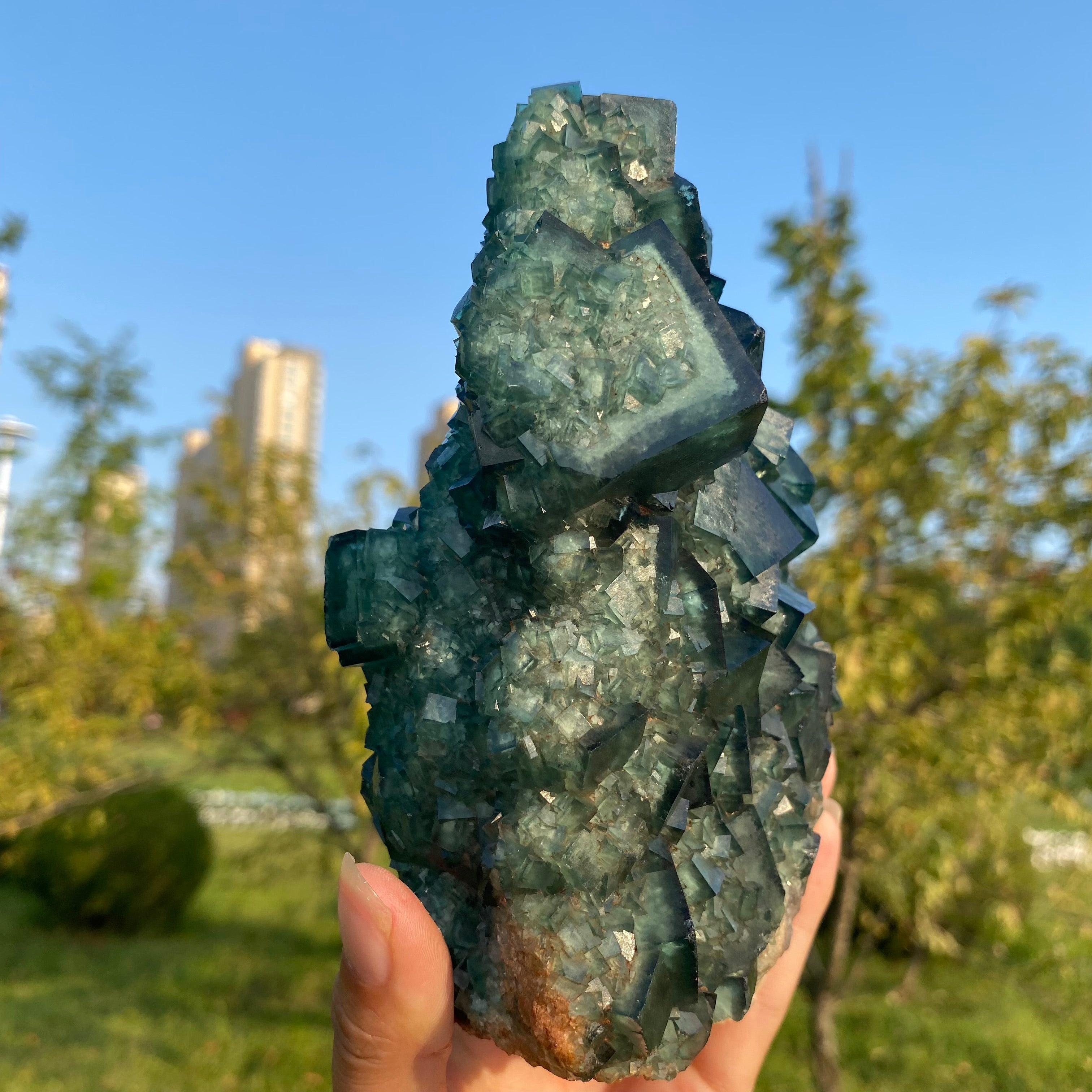 3.12LB Green Fluorite Cubes Specimen(stand included)