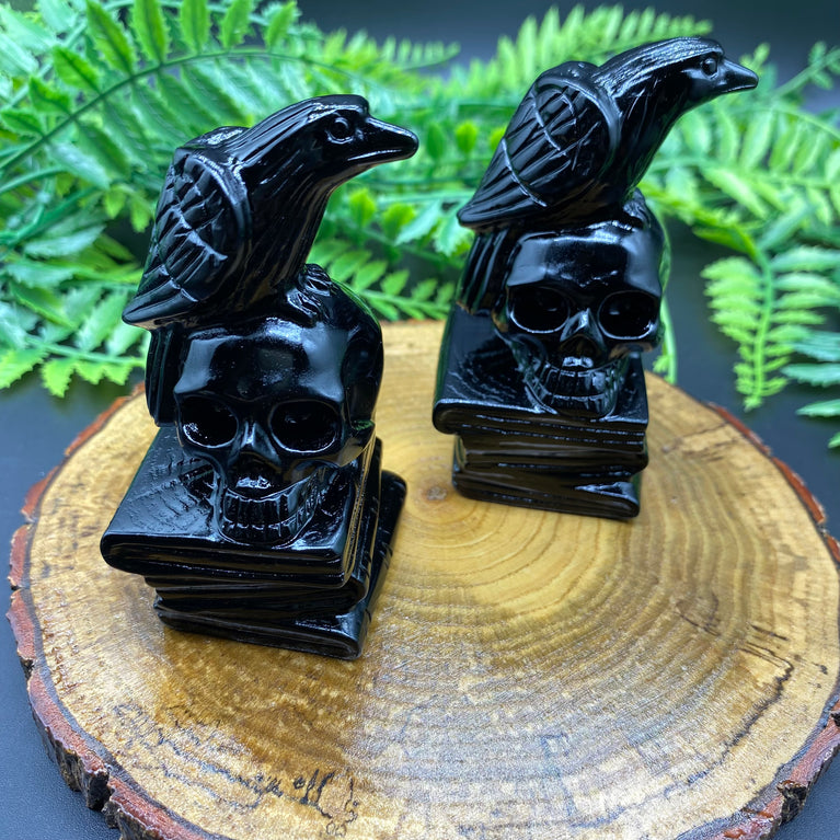 9CM Black Obsidian Raven on Skull Book Carving Natural Crystal Carving