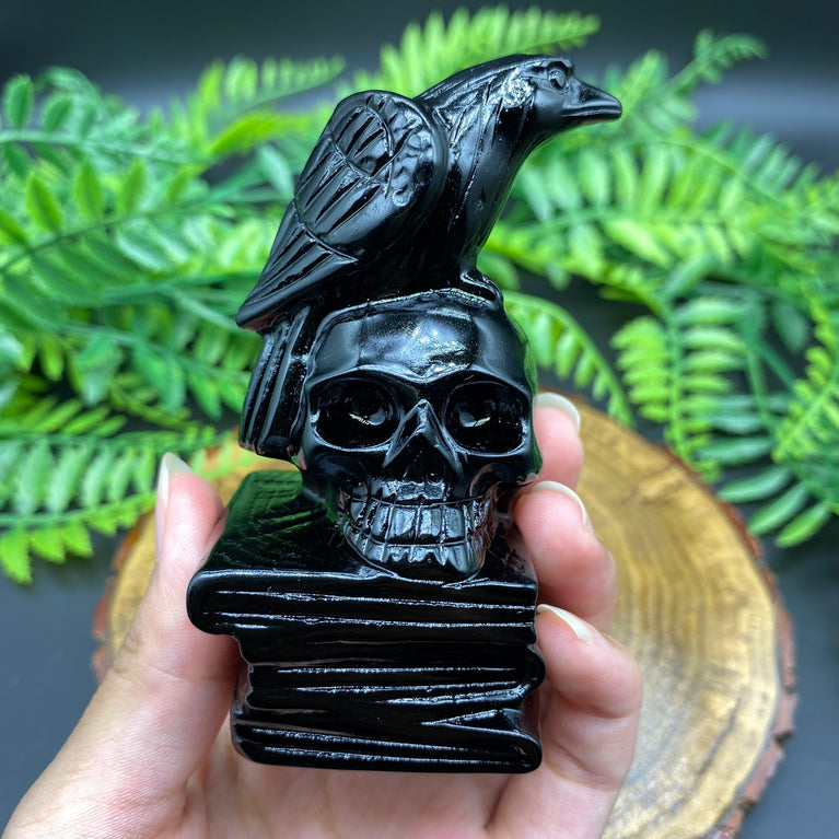 9CM Black Obsidian Raven on Skull Book Carving Natural Crystal Carving