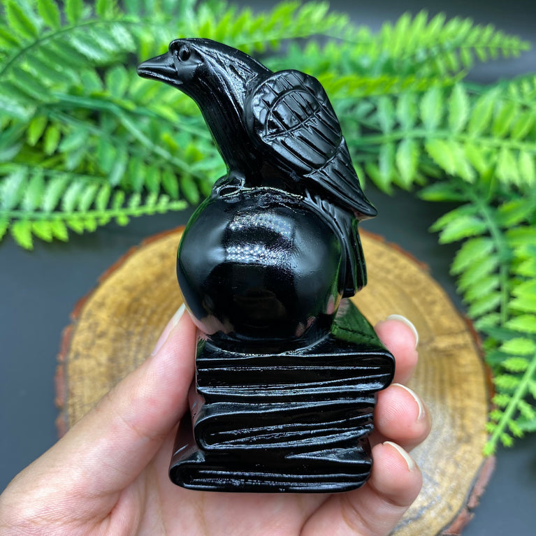 9CM Black Obsidian Raven on Skull Book Carving Natural Crystal Carving