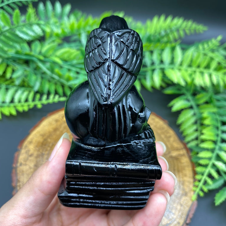 9CM Black Obsidian Raven on Skull Book Carving Natural Crystal Carving