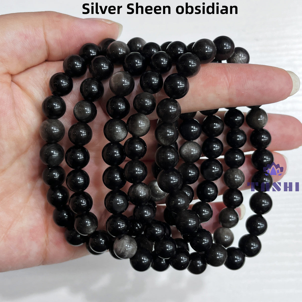 8mm Silver Sheen Obsidian Bracelets Round Beaded Bracelets Stretch Beads