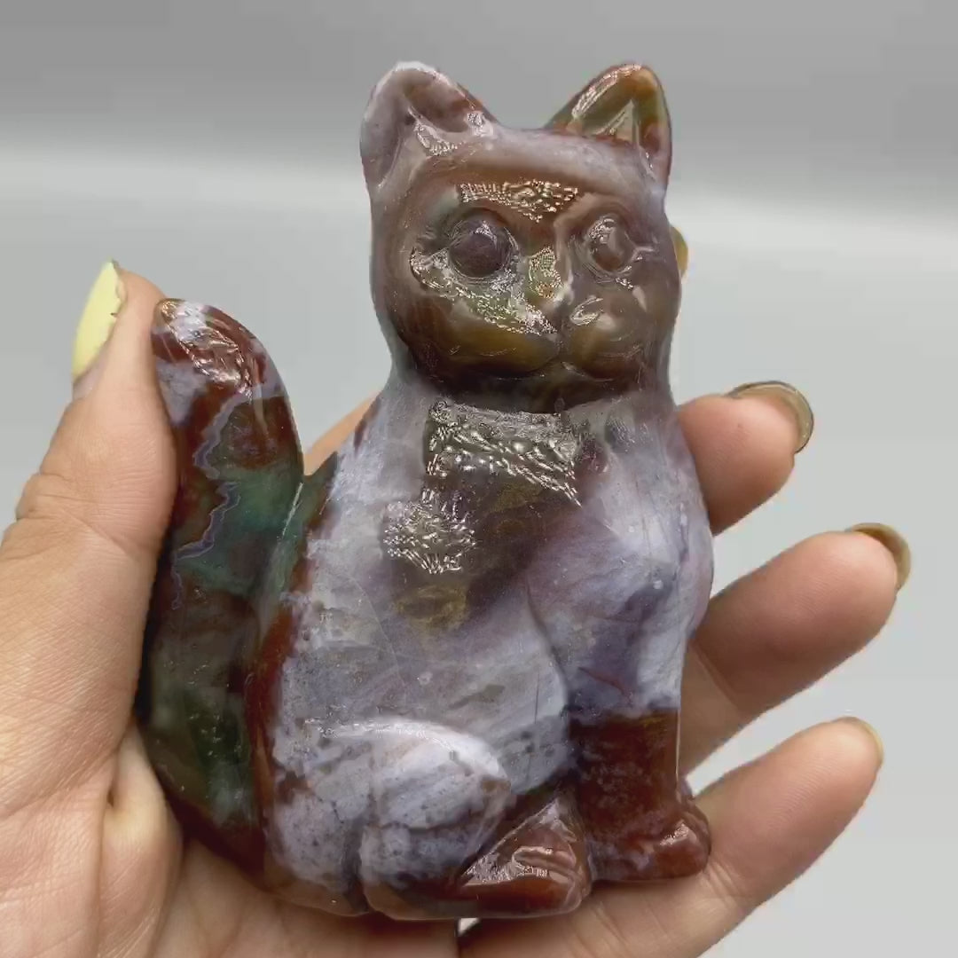 8.5CM Ocean Jasper Handcarved Sitting Cat Carving Natural Crystal Home Decoration Gift
