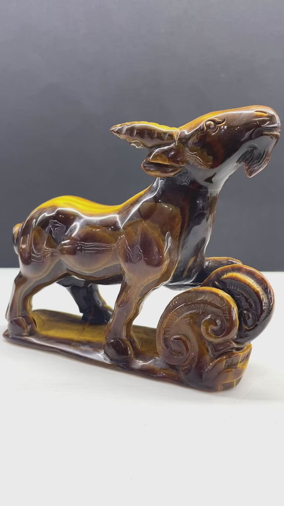 14CM Natural Tiger Eye Handcarved Goat Carving Home Decoration Gift