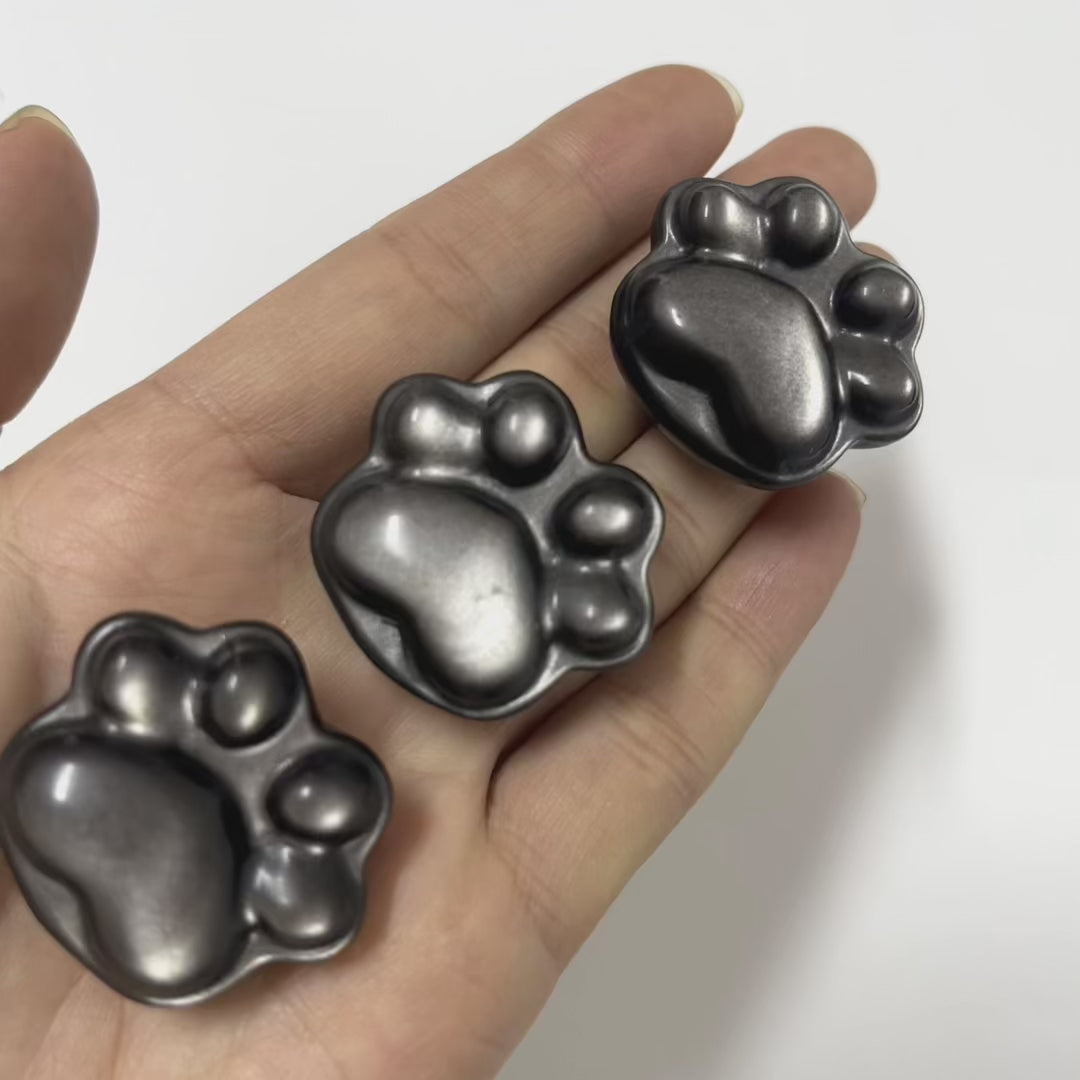 4CM Mini Silver Sheen Obsidian Cat Paw Pawprint Natural Strong Flash
